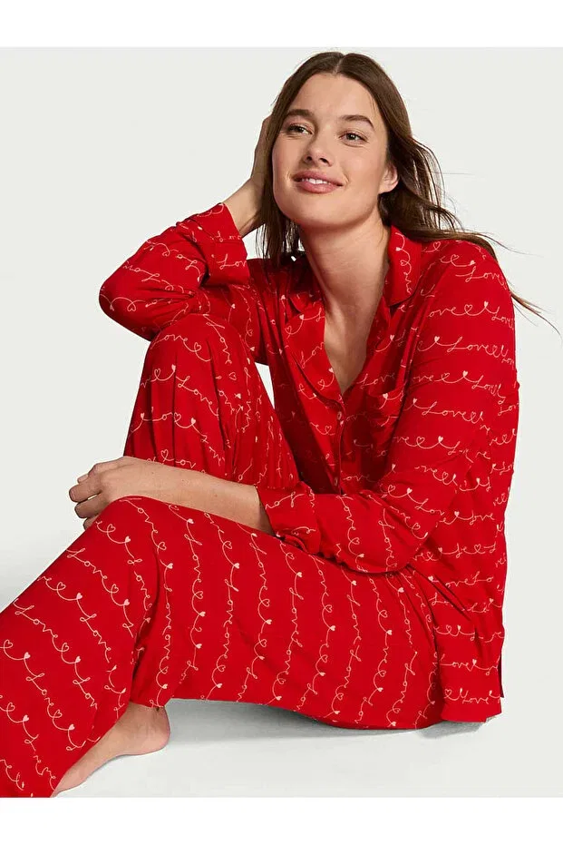 Женский комплект пижам с длинным рукавом Victoria'S Secret, Red/Pink Leaf
