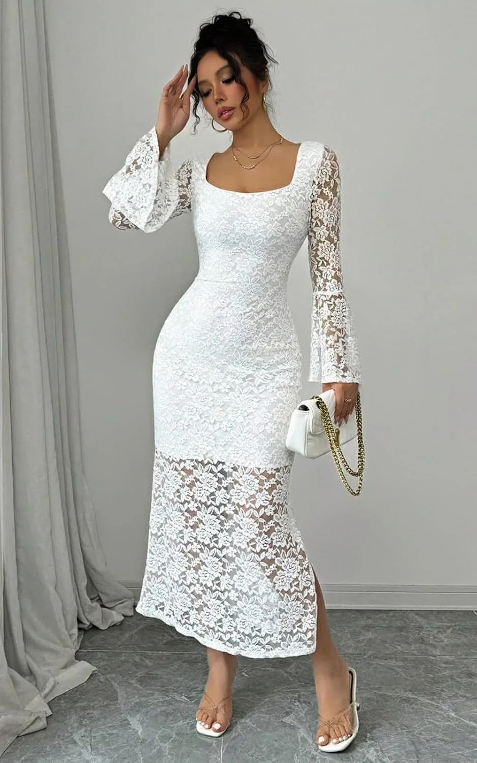 Женское элегантное платье с квадратным вырезом CD50, White — фото 3