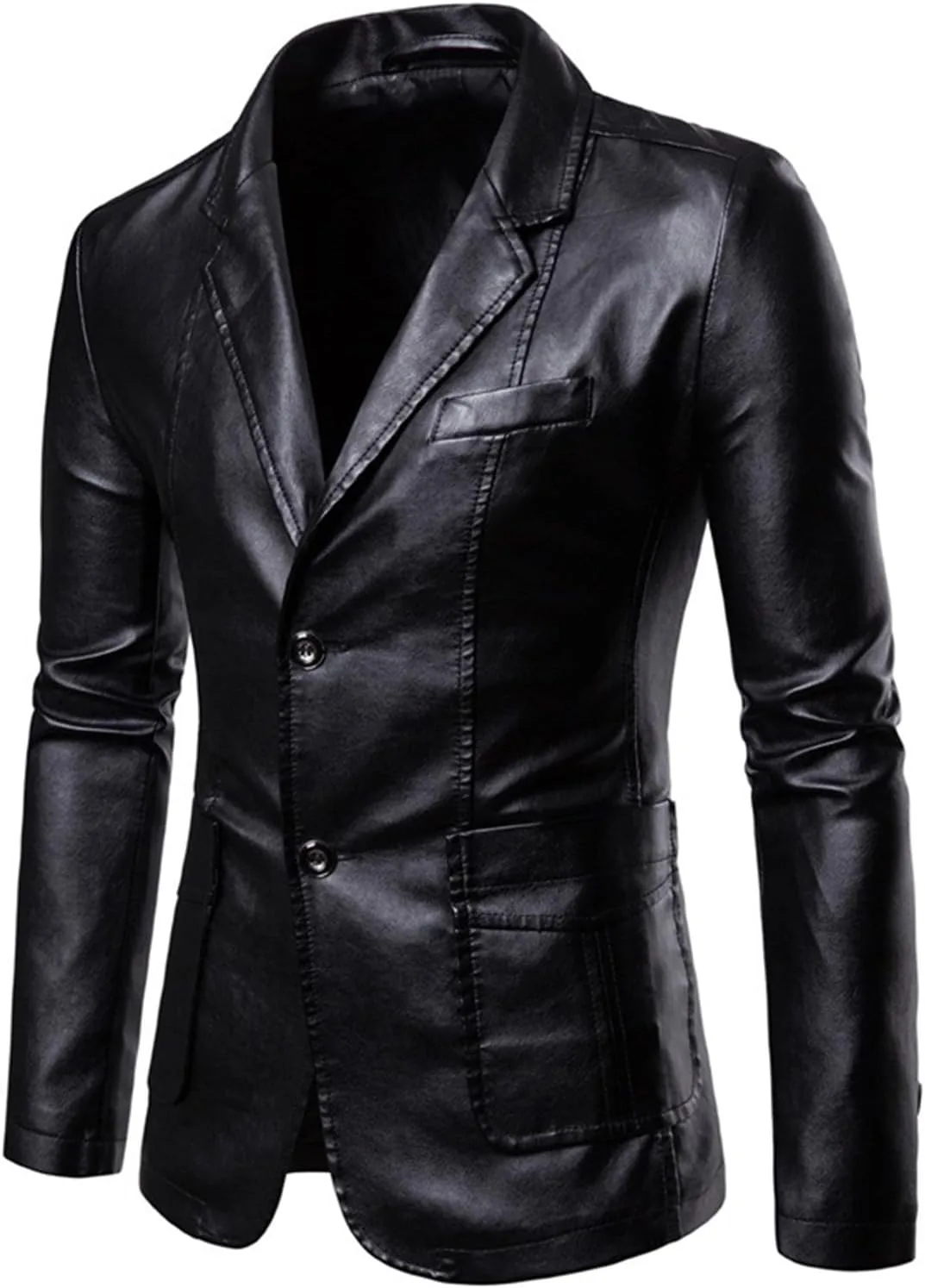 Мужской блейзер из искусственной кожи Slim Fit с двумя пуговицами и карманами Generic, черный