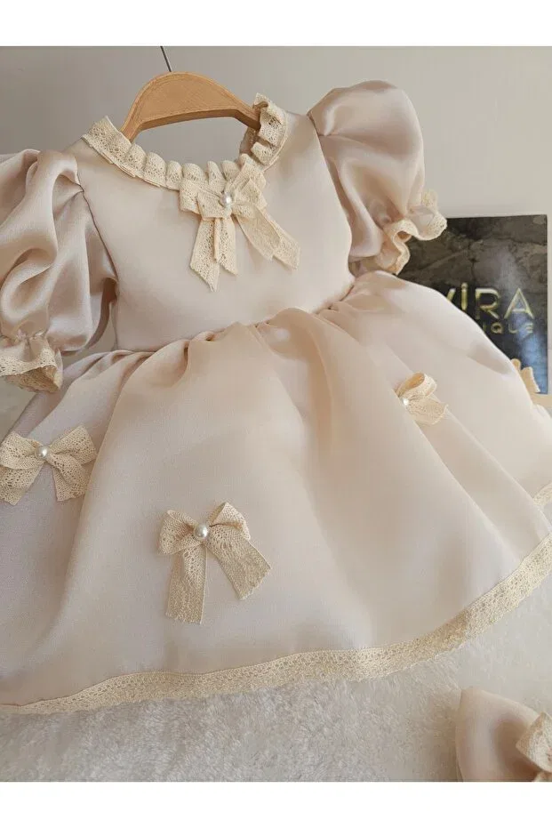 Детское платье из сатина с коротким рукавом-фонарик Fluffy Vintage Lace Detailed Dress Elwirababyboutiqe, Metallic