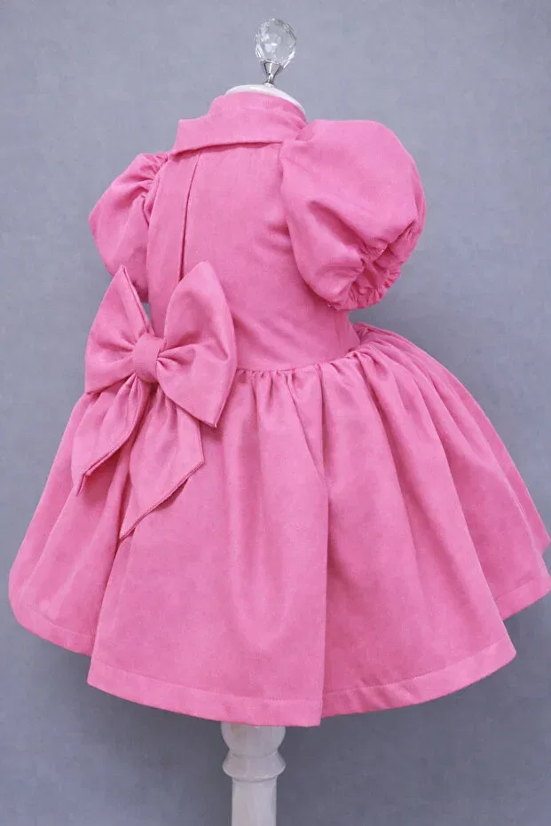 Детское вечернее платье для девочек с воздушным рукавом Special Design Pink Pearl Button And Bow Accessories Short Balloon Sleeve Girls Evening Dress Musgem, Pink — фото 2