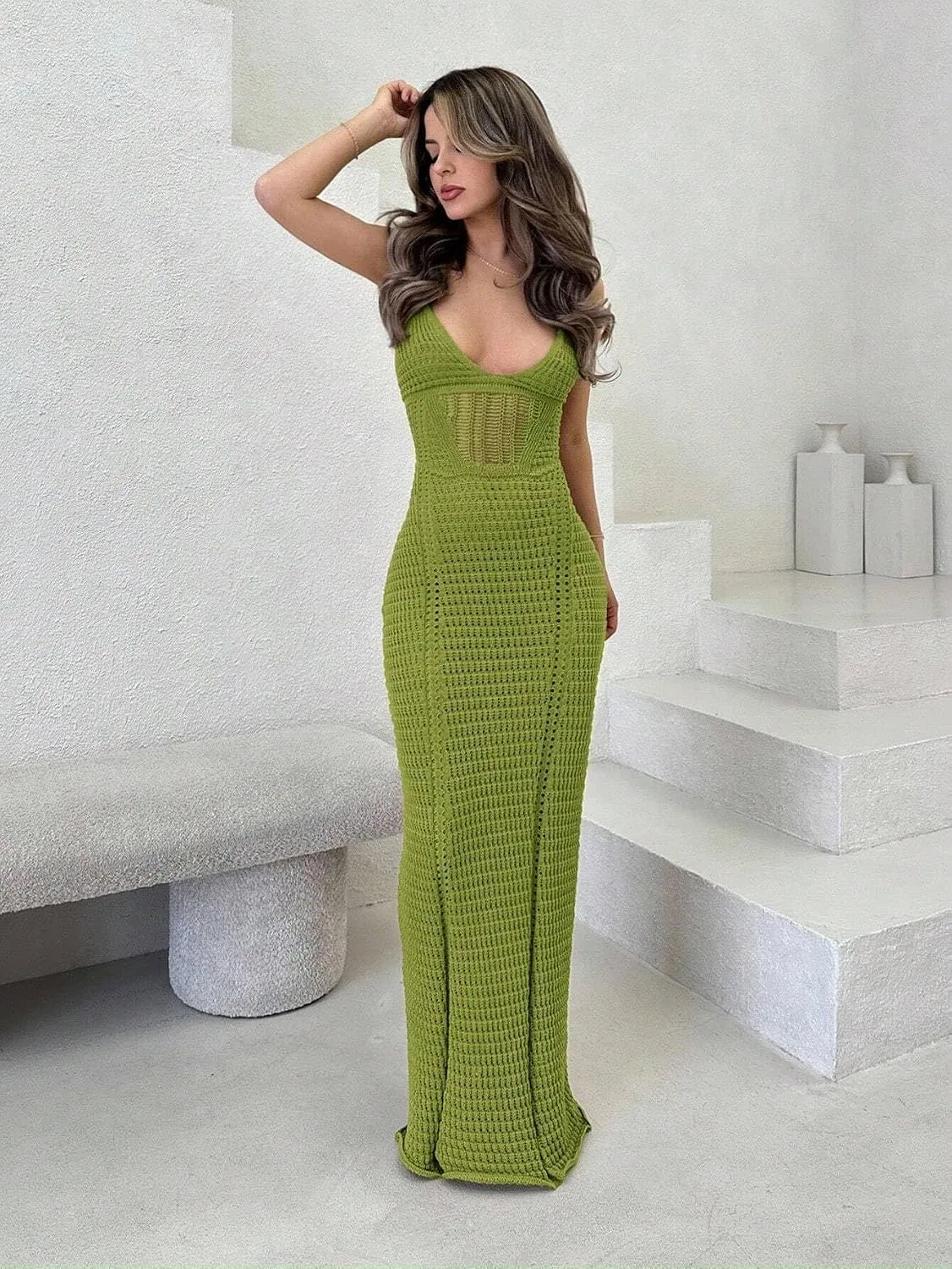Женское облегающее вязаное платье с открытой спиной Generic, Olive Green — фото 4