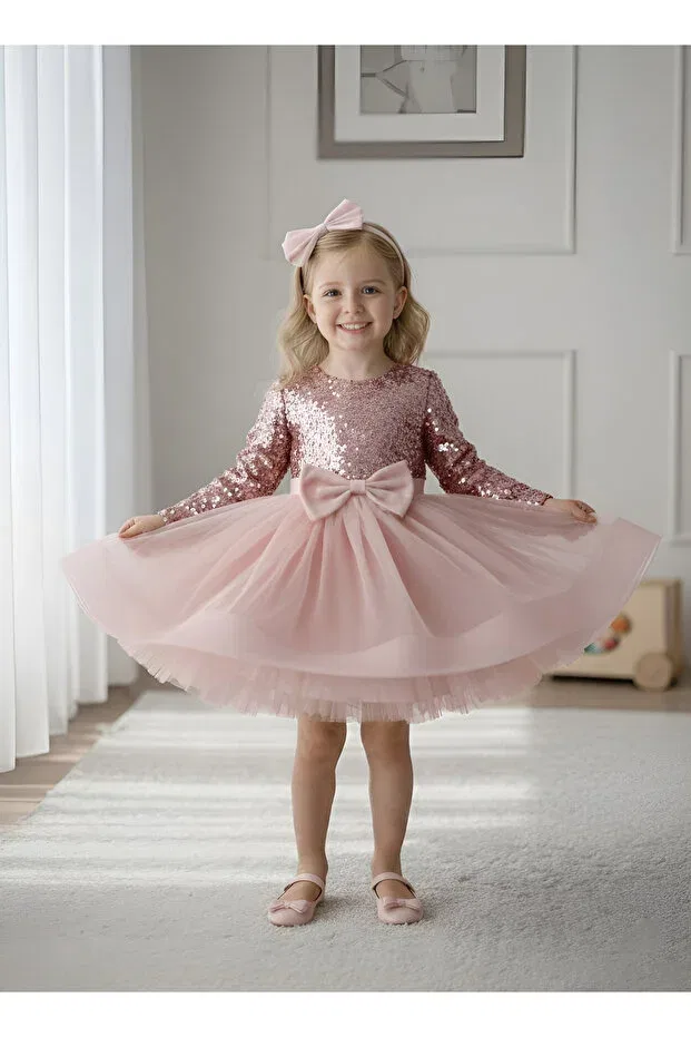 Детское платье для девочек с длинным рукавом Birthday party evening dress Mixie, Powder