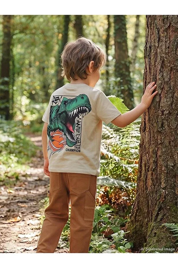 Детская футболка для мальчиков с принтом Rex dinosaur print Civil Boys, Stone Color — фото 4