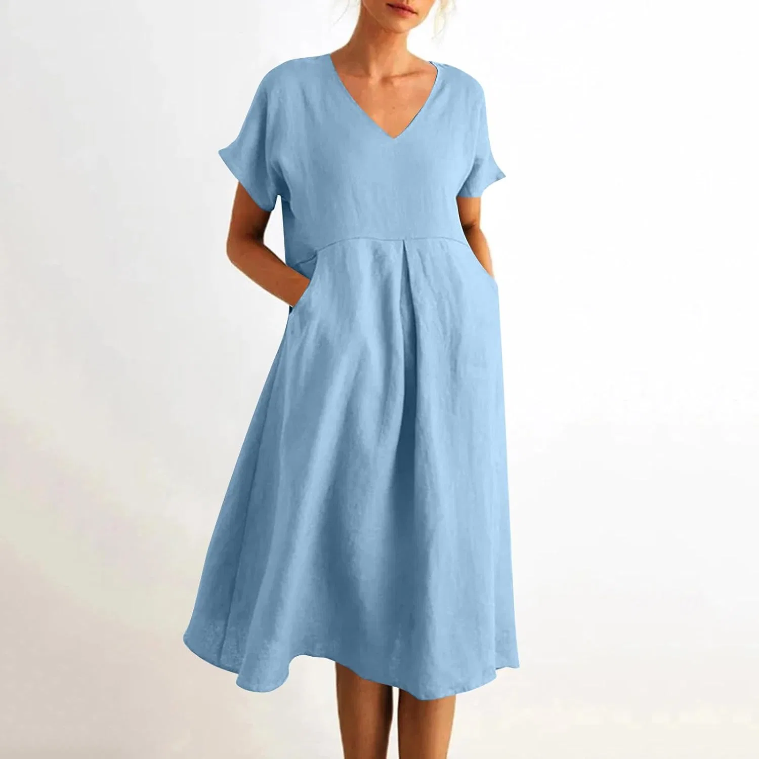 Женское свободное платье миди с V-образным вырезом из льна, Light Blue — фото 3
