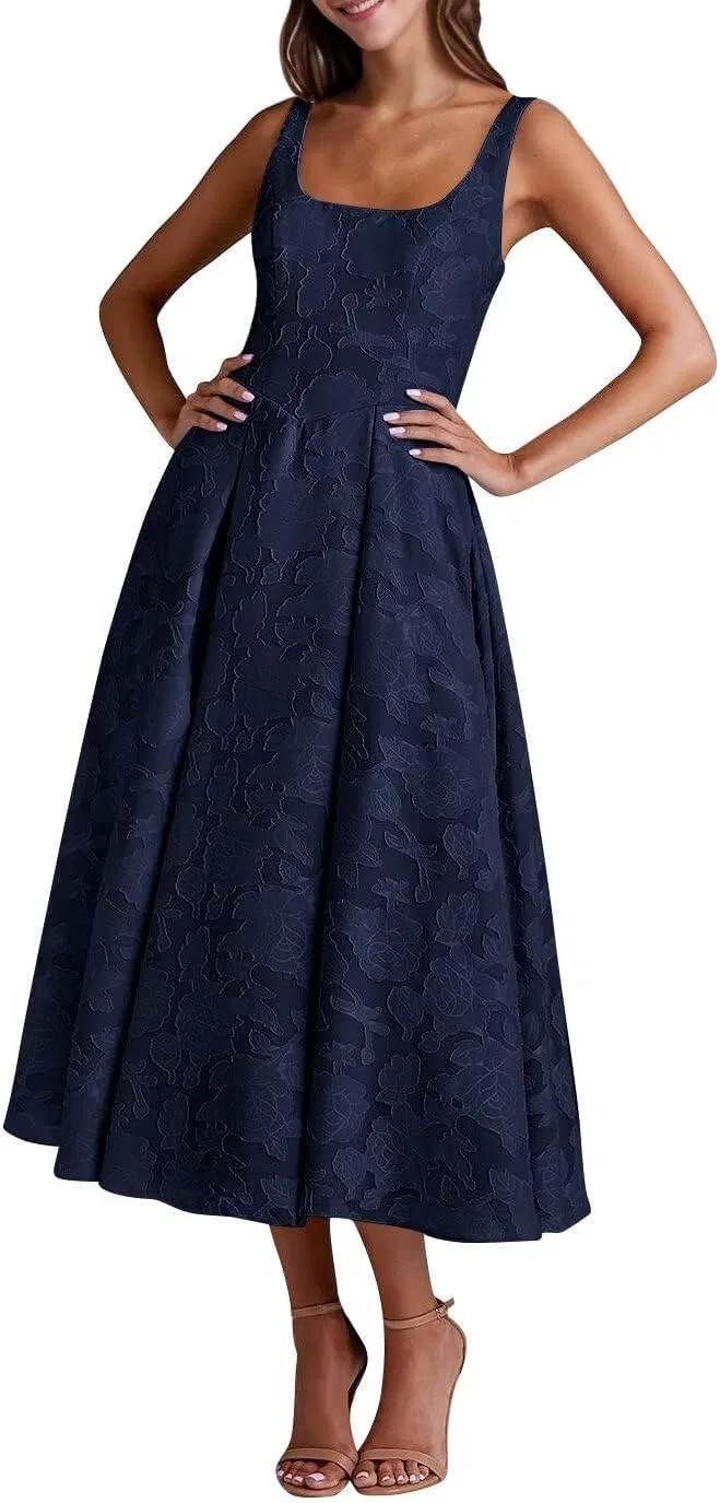 Женское платье для подружки невесты с жаккардовым кружевом, Tea Length, Navy Blue