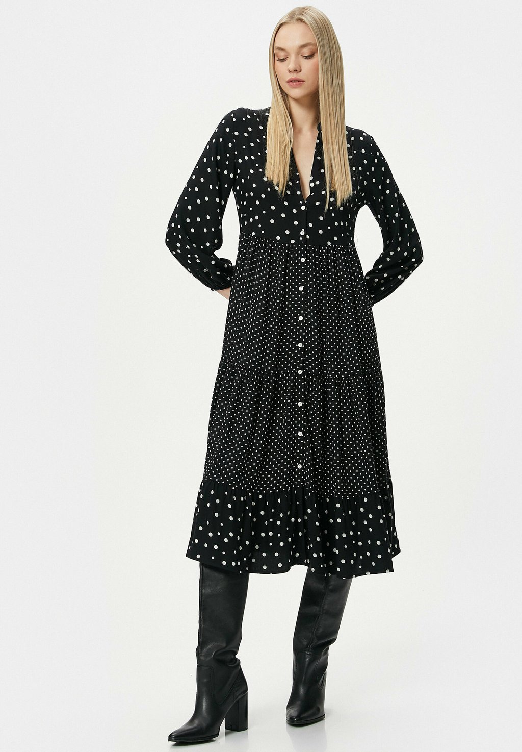 

Платье-рубашка LONG SLEEVE BUTTONED POLKA DOTTED MIDI Koton, черный