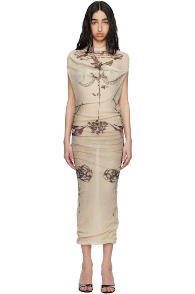

Бежевое платье макси «The Tattoo Rose and Bird» Jean Paul Gaultier