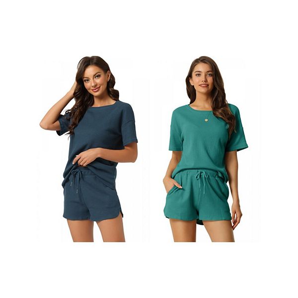 

2 комплекта женских лоунж-сетов с карманами, футболка и шорты Inspire Chic, Blue Peacoke Green