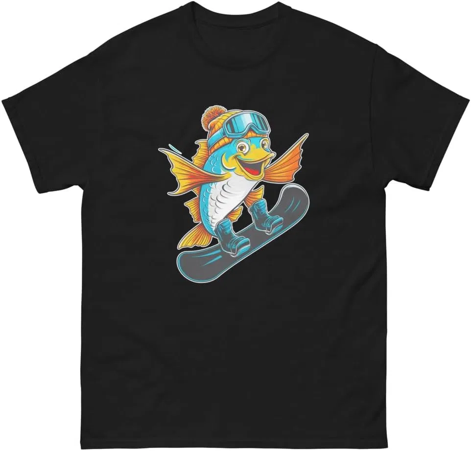 Мужская футболка с принтом Fish Snowboarding Fun Cartoon Snowboarder, Black