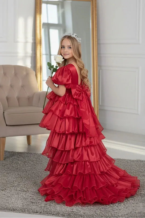 Детское вечернее платье для девочек с коротким рукавом Dream Model Crowned Tail Red Abiyekids, Red