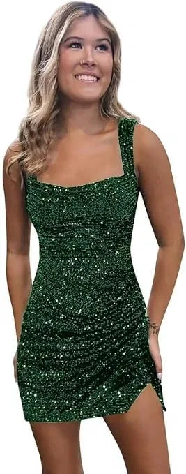 Женское коктейльное платье с пайетками и квадратным вырезом, Emerald Green