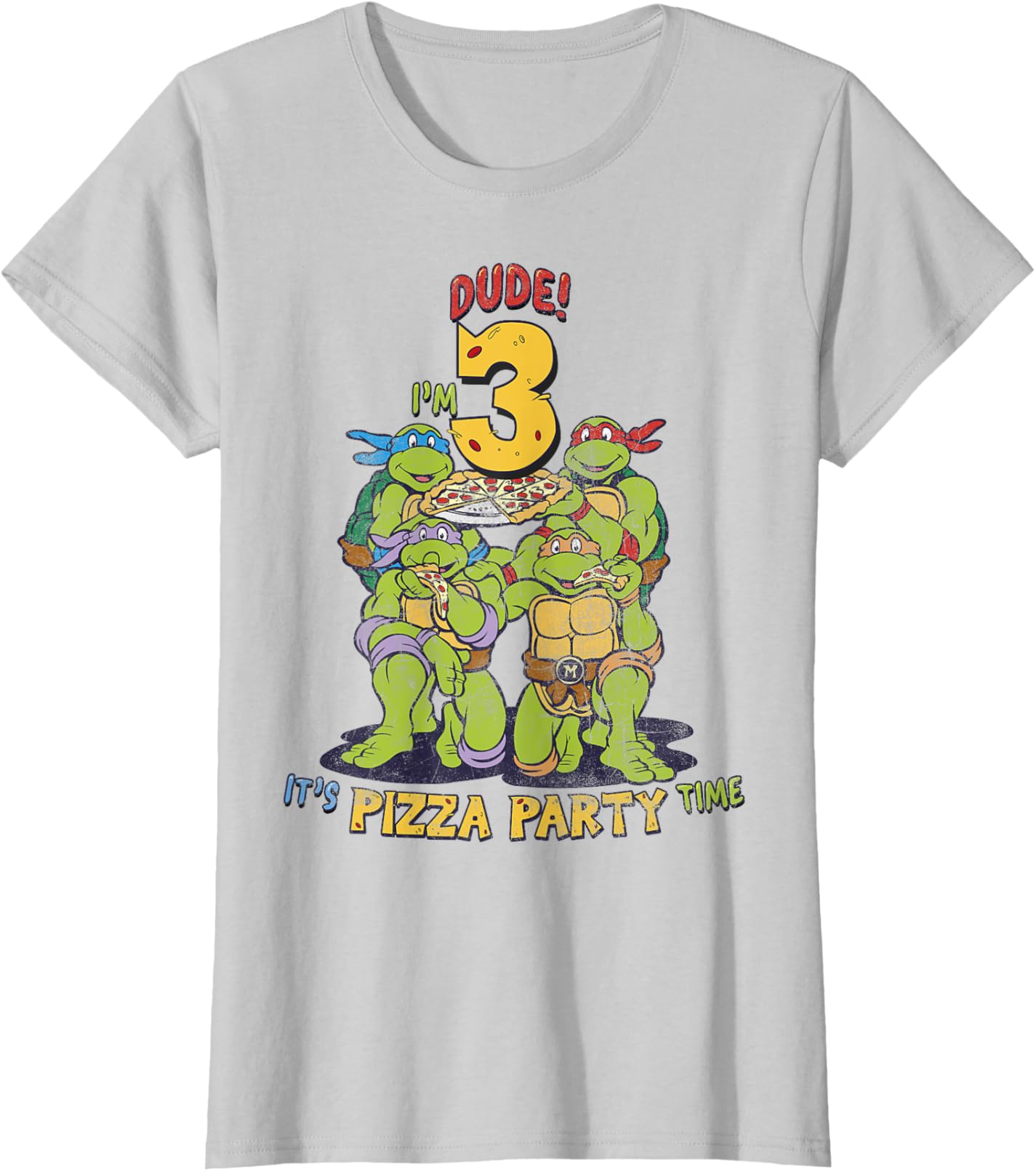 

Женская футболка Teenage Mutant Ninja Turtles I'm 3 Dude Pizza Birthday Party, серебристо-серый