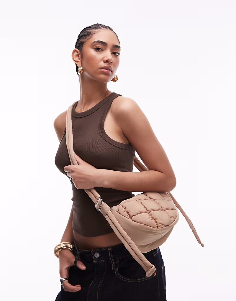 

Сумка через плечо из стеганого нейлона Topshop Callie scoop цвета верблюжьей шерсти