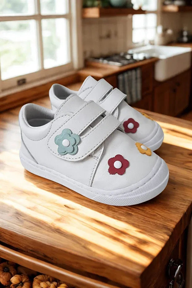 Детские туфли для девочек с цветочным принтом Real leather first step baby shoes with daisies Joy Colours, White