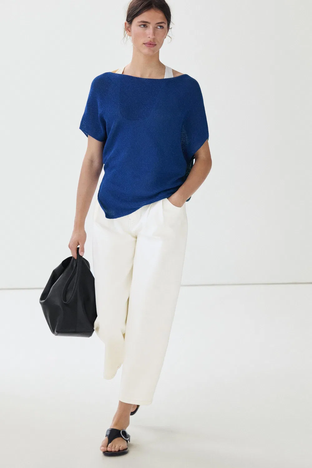 Футболка Massimo Dutti, льняная, асимметричный крой, глубокий синий — фото 3