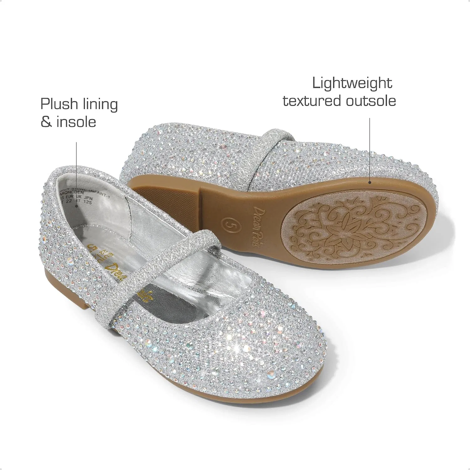 Детские балетки для девочек со стразами Mary Jane Flats DREAM PAIRS, Silver/Glitter — фото 3