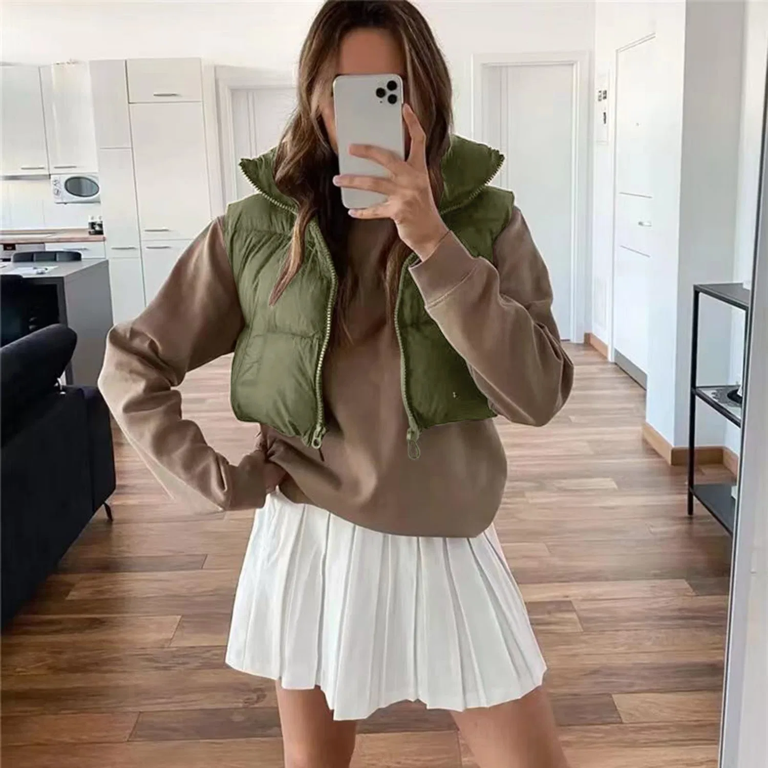 Женский хлопковый жилет с принтом Autumn and Winter Casual Short Drawstring Adjustable Cotton Vest Jacket Women Outdoor Jacket, Verde Militare — фото 2