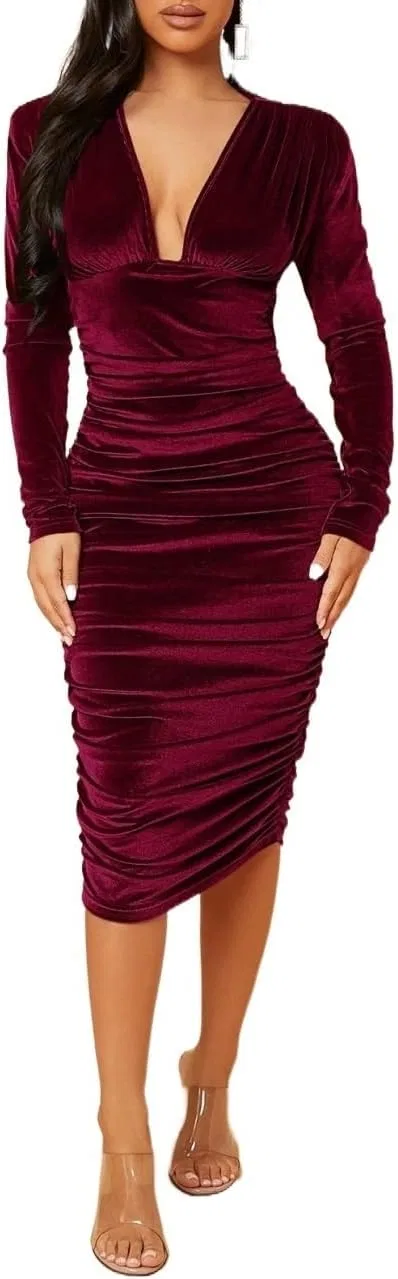 Женское миди-платье с глубоким V-вырезом Casual, Burgundy