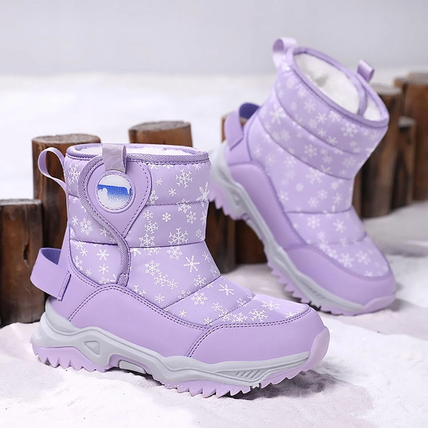 Детские зимние сапоги для девочек с принтом, модель Girls Mid-Calf Winter Snow Boots, Purple — фото 4