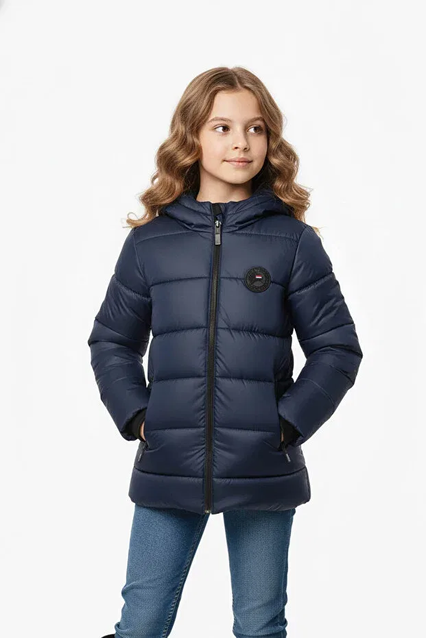 Детское зимнее пуховое пальто для девочек с капюшоном Qawwa, Navy Blue — фото 2