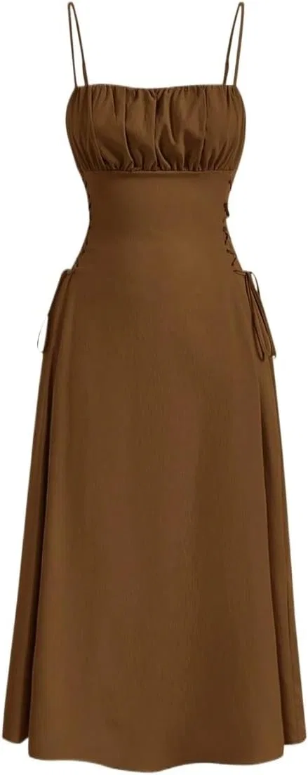 Женское повседневное платье-комбинация с кружевной шнуровкой, Brown