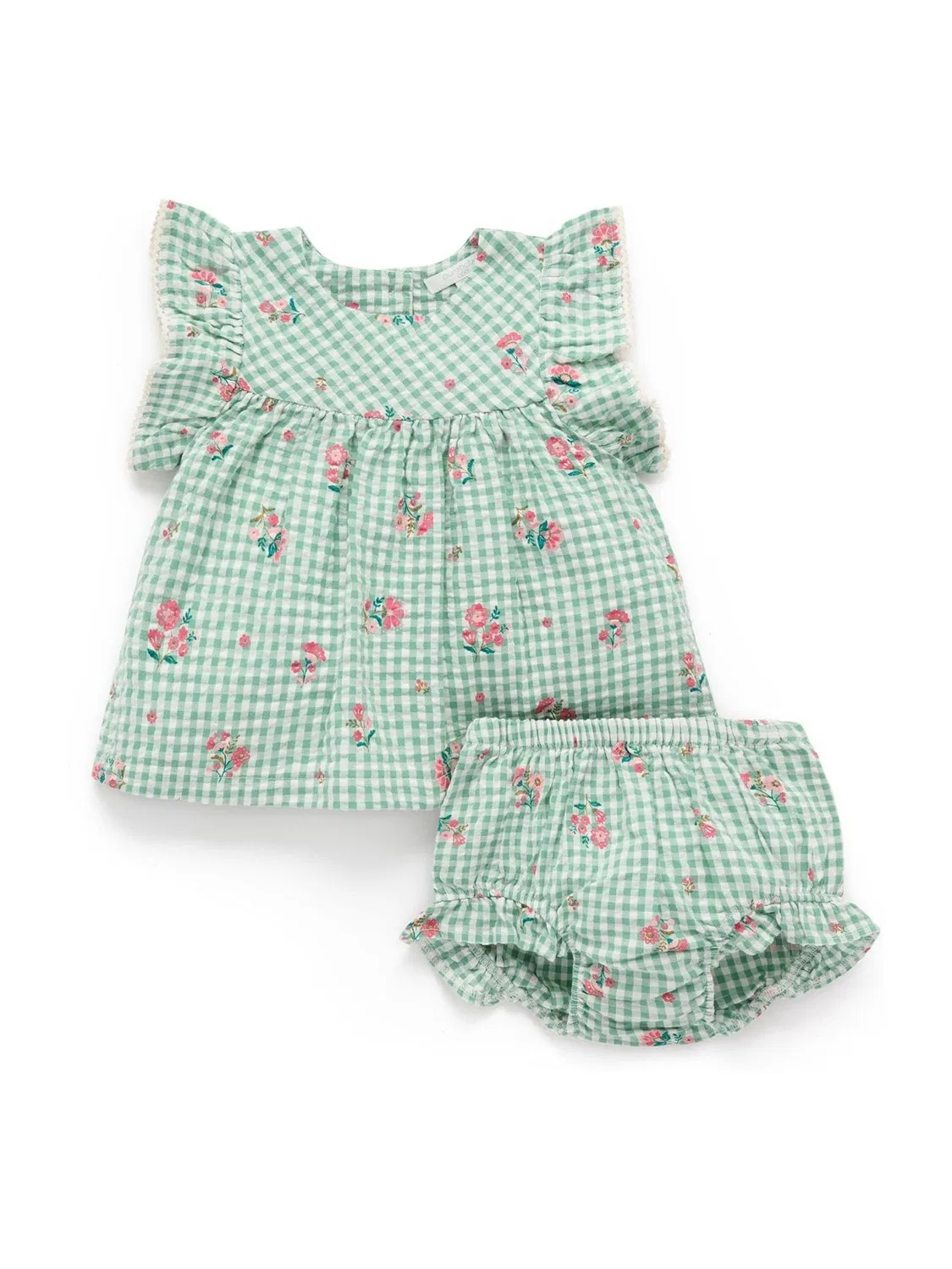Комплект из футболки и шорт, модель Frida Gingham Purebaby, зеленый — фото 4