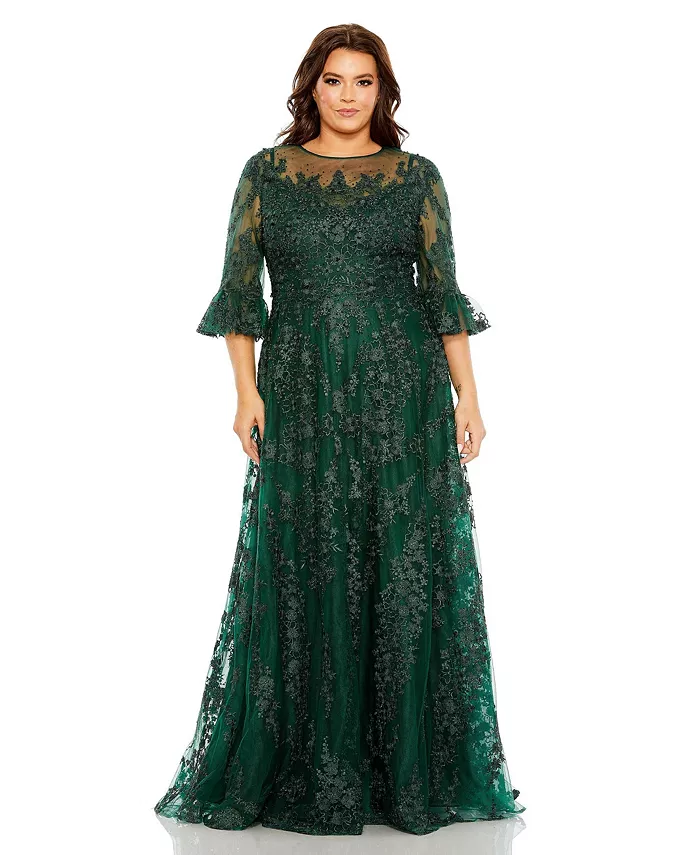 

Женское платье Plus с высоким воротником, рукавами-фонариками, вышивкой и силуэтом А-силуэт Mac Duggal, зеленый