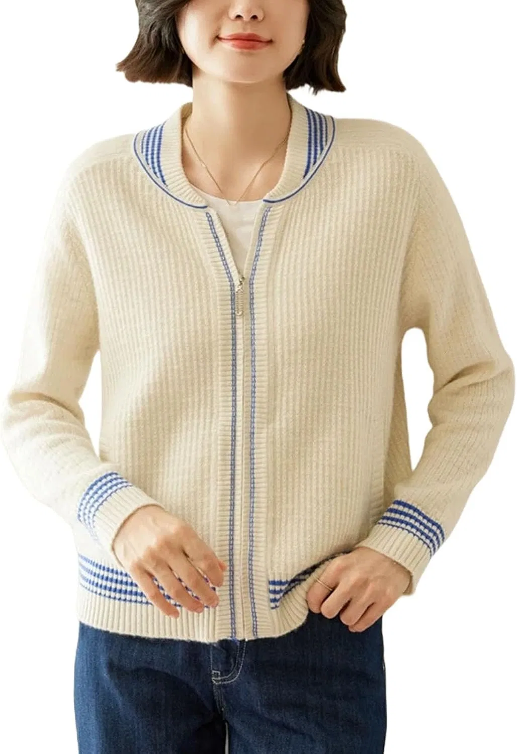 Женский кардиган с молнией, с длинным рукавом, Cashmere Thick Sweater, белый