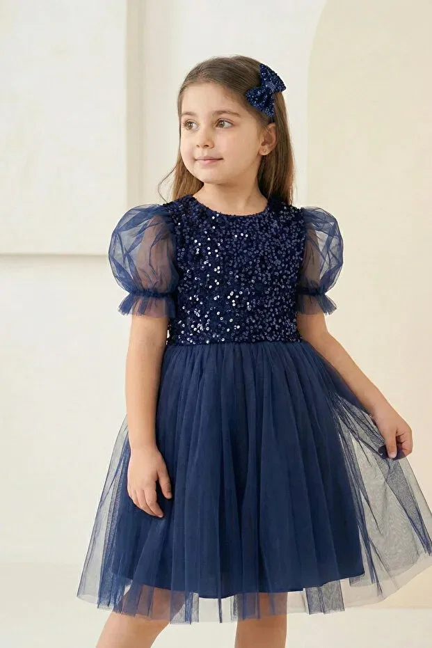 Детское платье для девочек с пайетками Puff Sleeve Sequin Girls' Tutu Dress Mnk Baby&Kids, Navy Blue — фото 3
