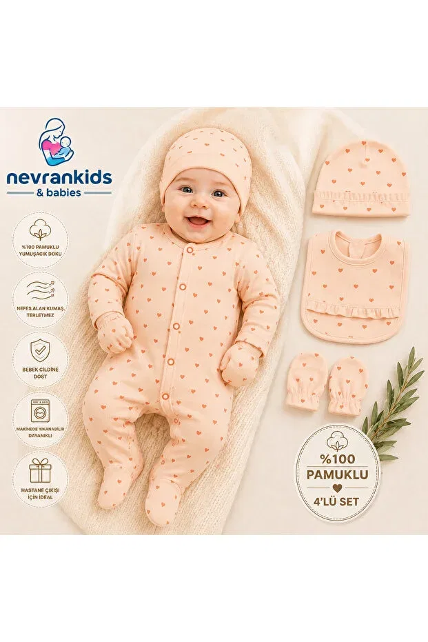 Детский комбинезон для девочек с принтом Heart 4-Piece Romper Set Nevrankids, Pink