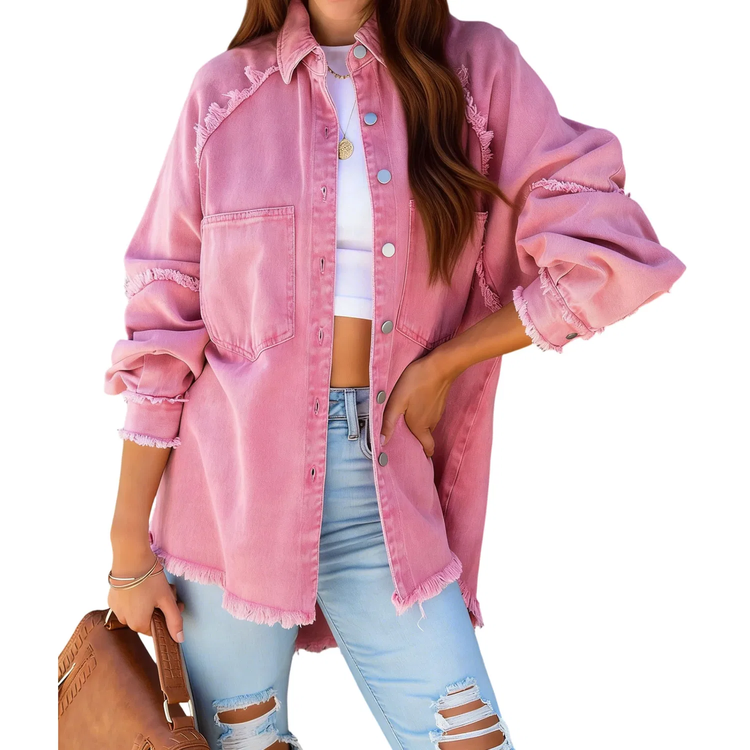 Женская джинсовая куртка oversize с рваным краем, Western, Rosa