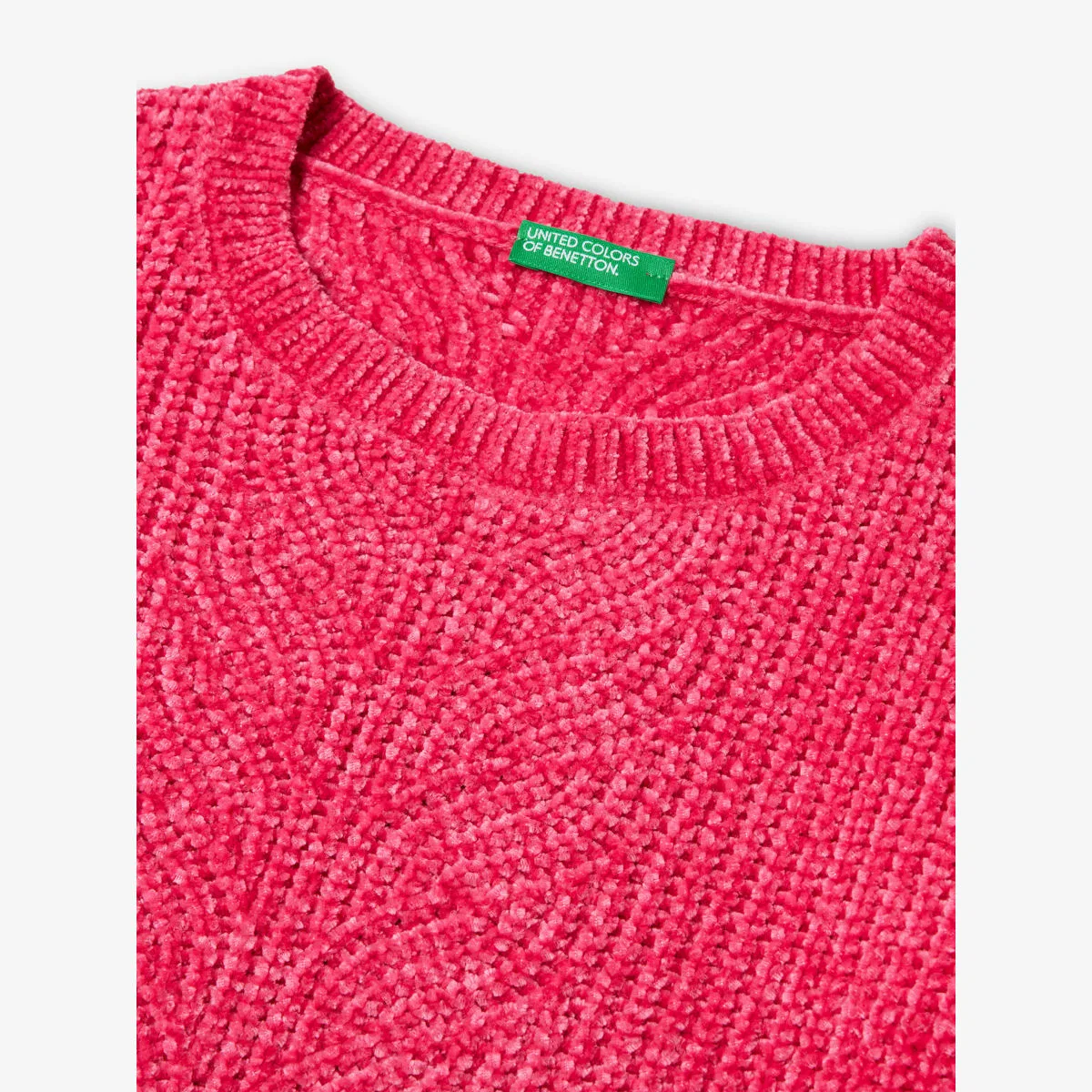 Вязаный джемпер с бахромой и текстурой синели, 6-14 лет Benetton, розовый — фото 2