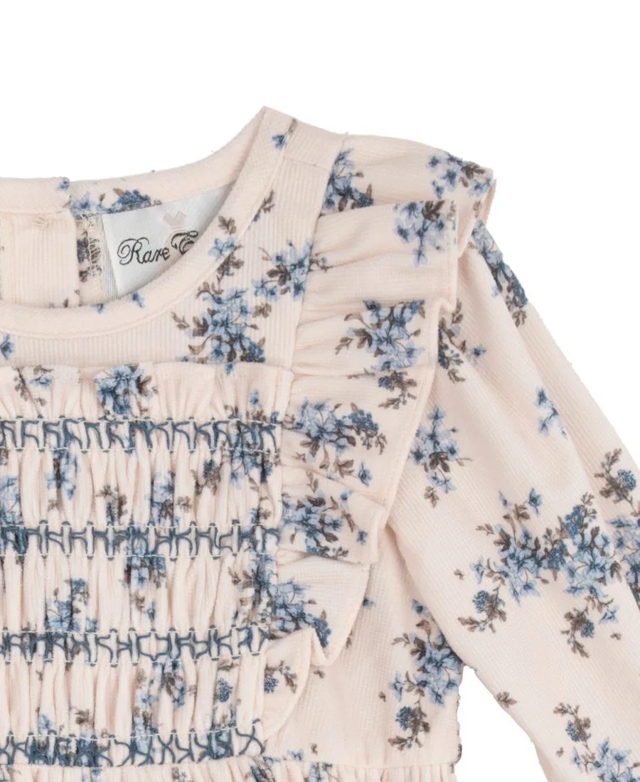 Платье из вельвета с принтом, длинным рукавом, модель Floral Print Hand-Smocked Corduroy Dress Rare Editions, Blue — фото 3