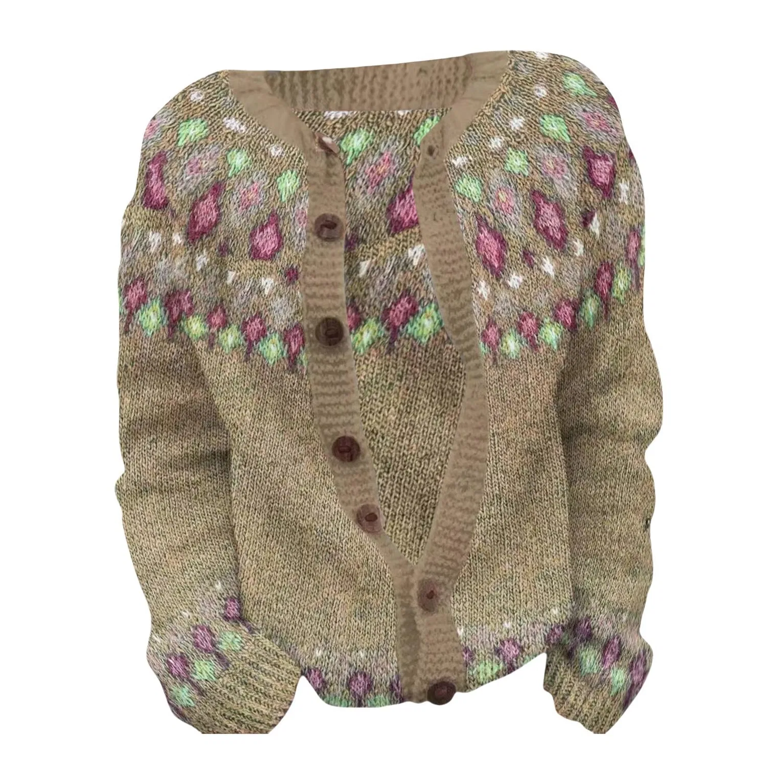 Женский кардиган с нордическим узором Fair Isle с длинным рукавом, Khaki-a — фото 3