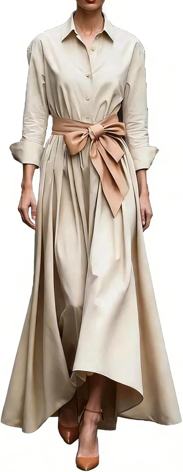 Женское макси платье-рубашка с поясом, Off-white