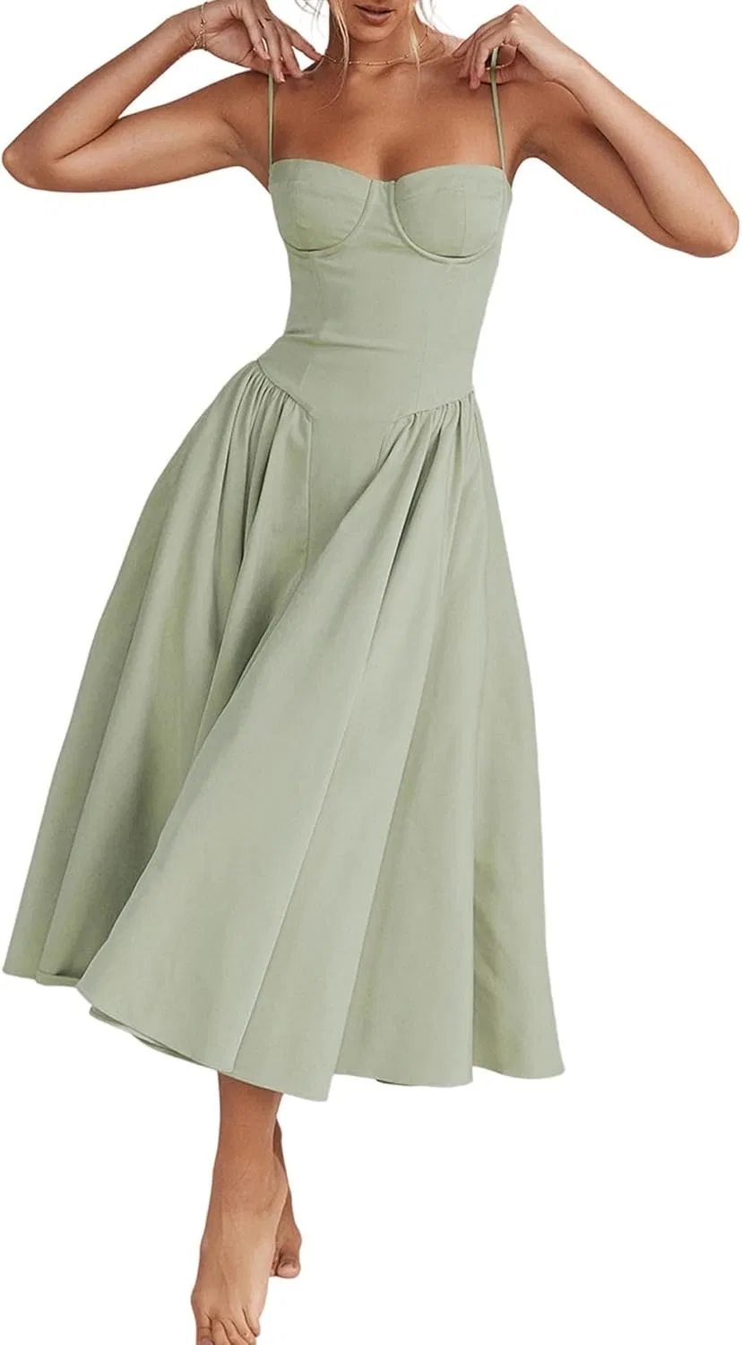 Женское корсетное миди-платье A-силуэта с плиссе, Light Green