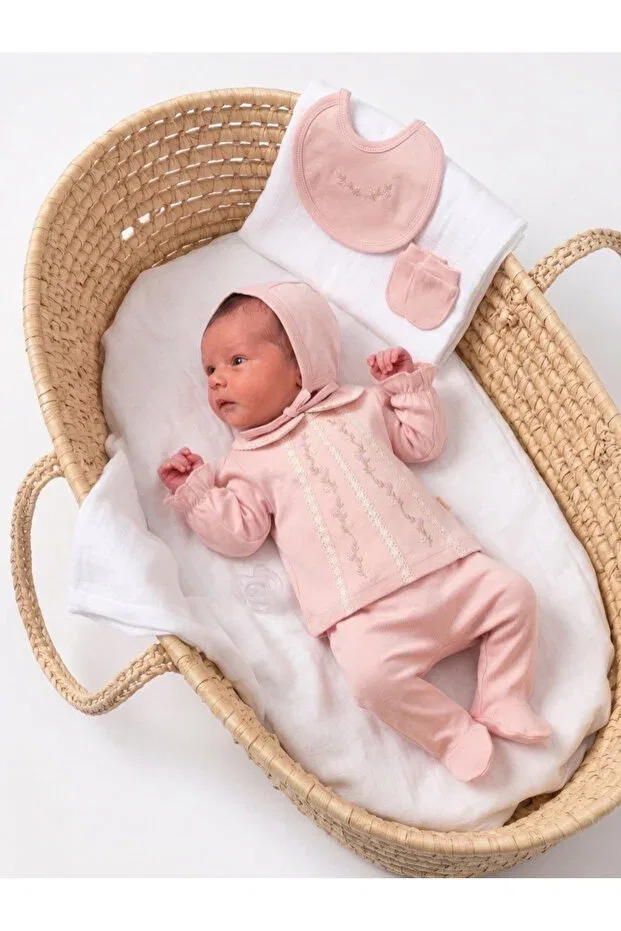 Детский комплект боди для новорожденных девочек хлопковый Handmade embroidered newborn baby girl 5-piece hospital discharge bodysuit set baby outfit Cherub Baby, Pink