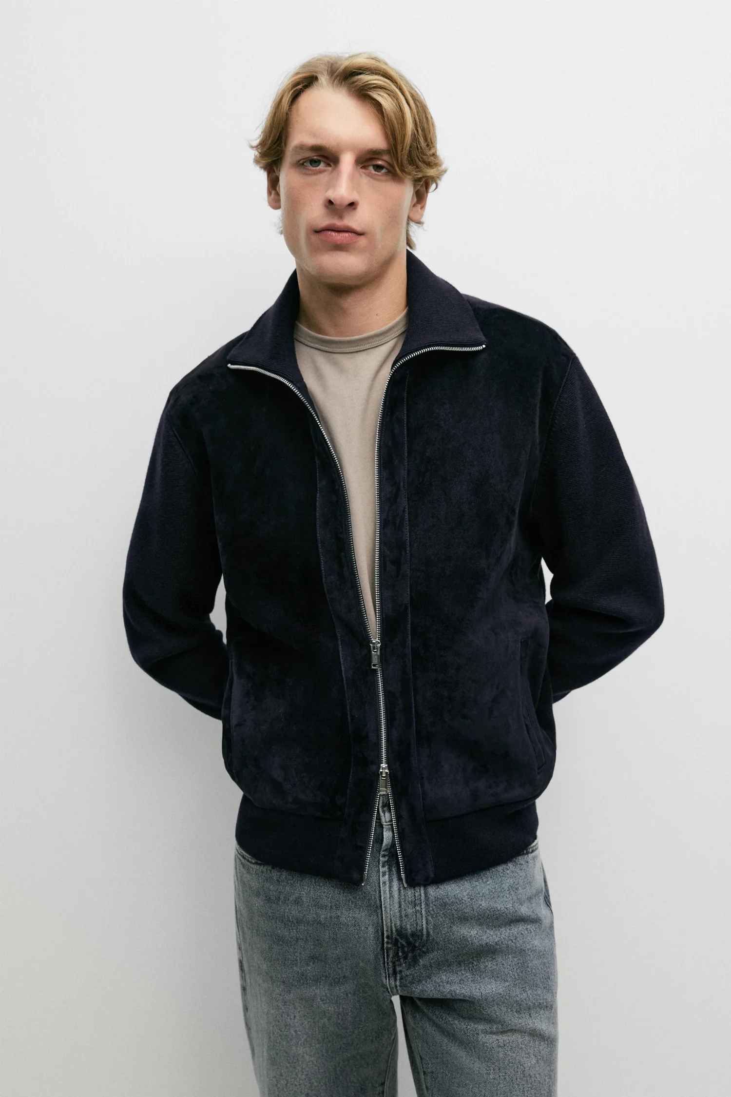 Замшевая куртка Massimo Dutti Mixed fabric, темно-синий — фото 2