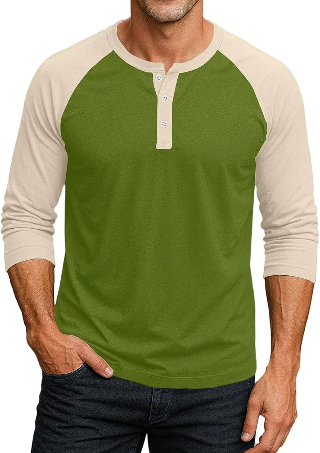 Мужская футболка с длинным рукавом 3/4 Henley Raglan, Green — фото 2
