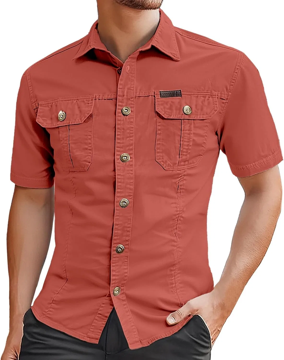 Мужская хлопковая рубашка с коротким рукавом, Cargo Shirt, красный