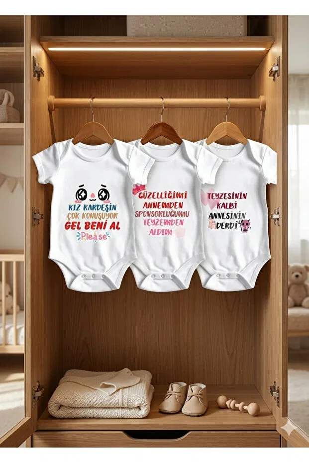 Детский комплект боди для новорожденных хлопковый Auntie-Themed 3-Piece Baby Bodysuit Set Hazden, White