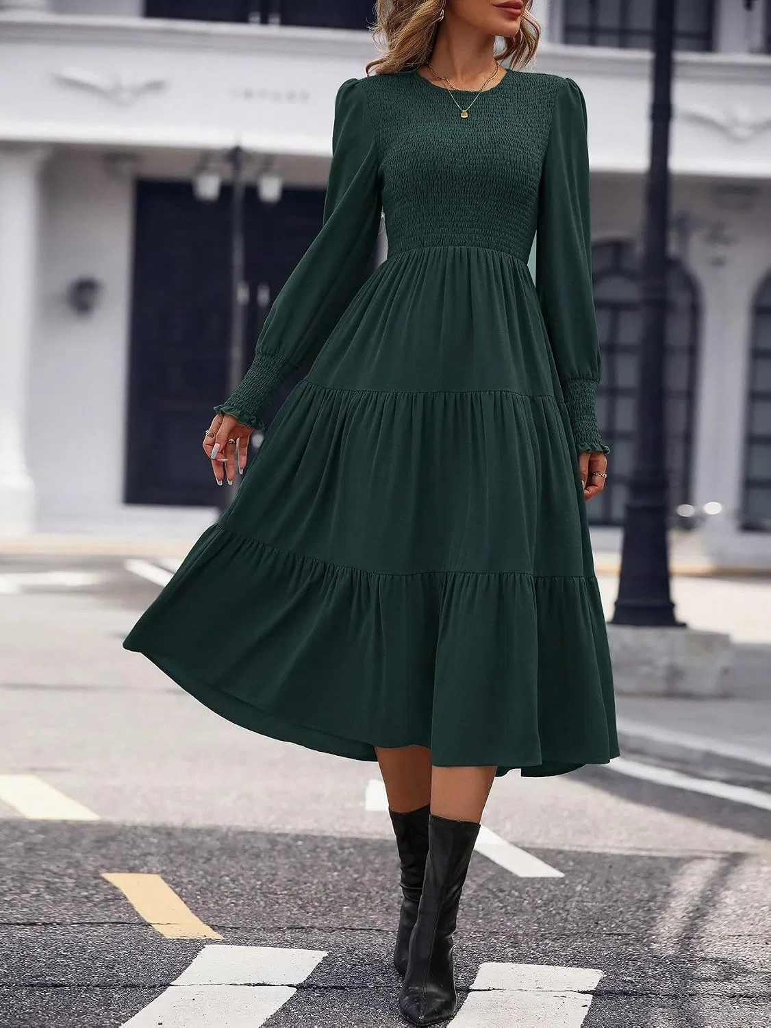 Женское повседневное платье миди с воланами и рукавами-буфами, Dark Green — фото 4