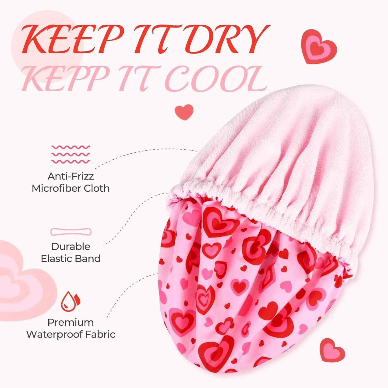 Шапочка для душа на подкладке из махровой ткани, Aileam, Pink Cute Hearts — фото 3