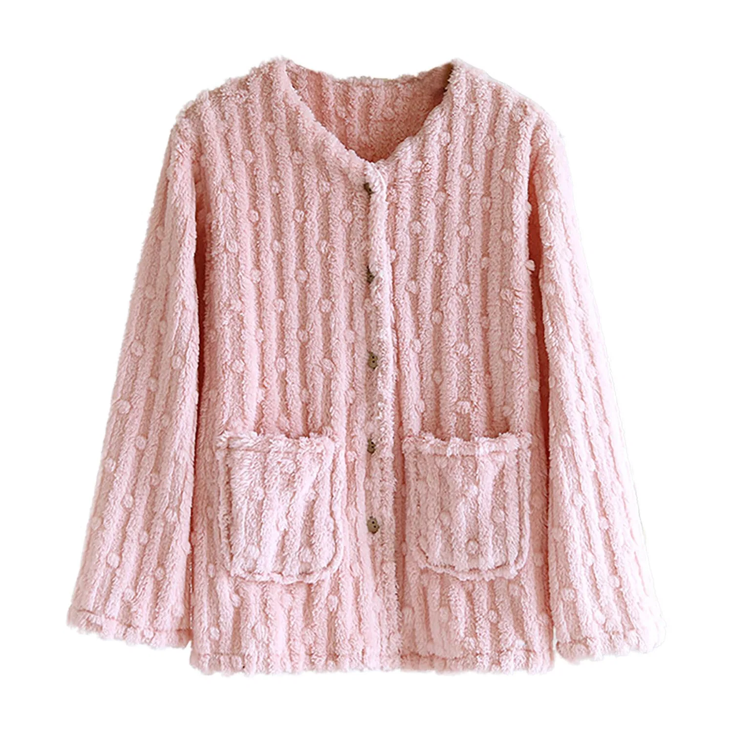 Женская куртка из флиса с V-образным вырезом, с пуговицами, длинным рукавом и карманами, однотонная, Pink