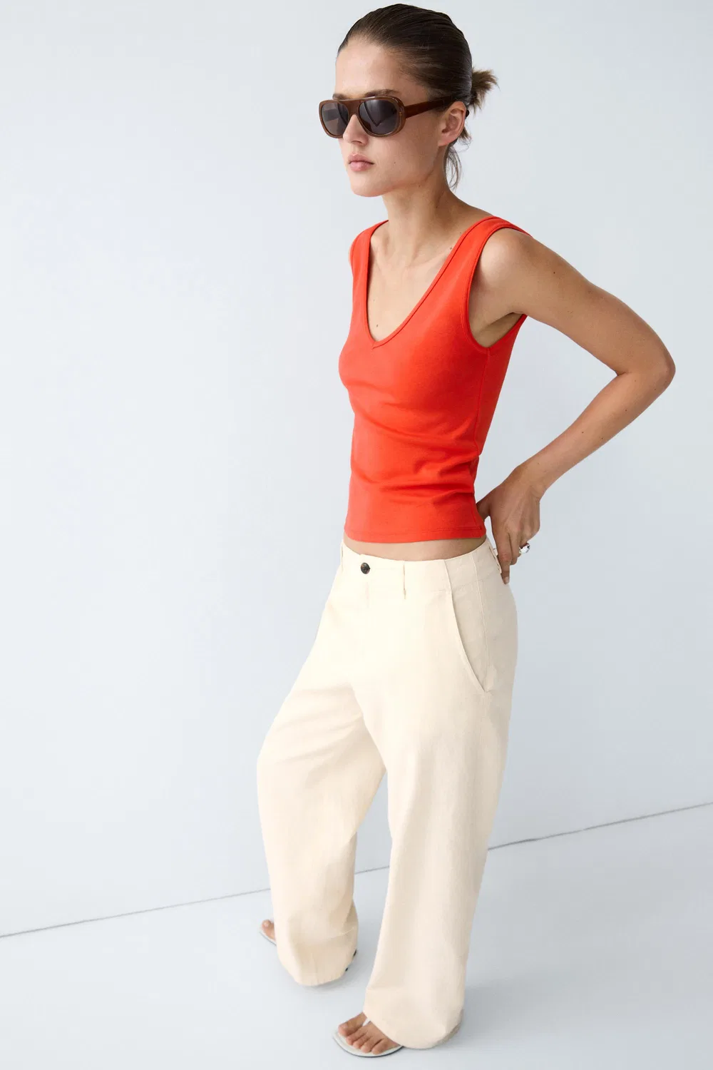 Топ Massimo Dutti Cotton Blend Strappy, коралловый — фото 4
