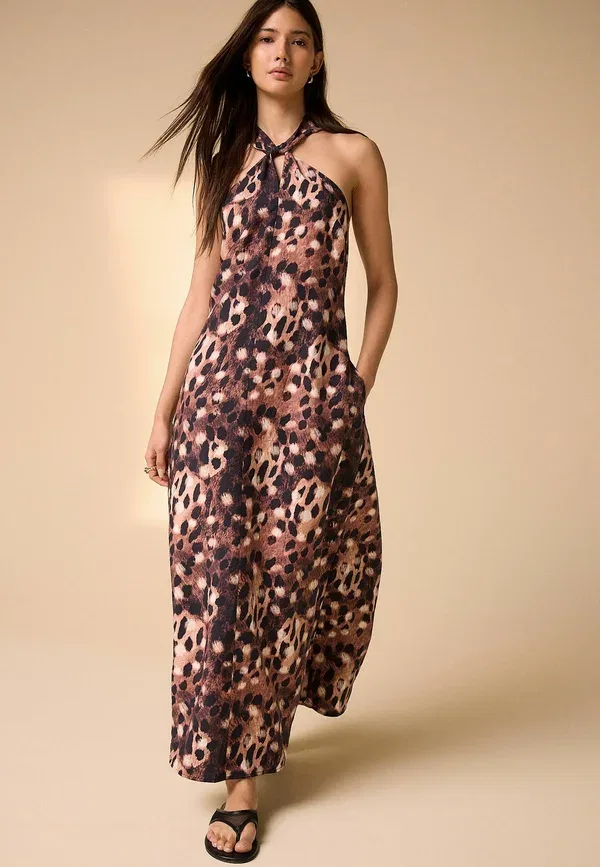 Платье миди с животным принтом Tall fit - halter twist neck midi dress, Next, Brown Animal Print, коричневый — фото 2