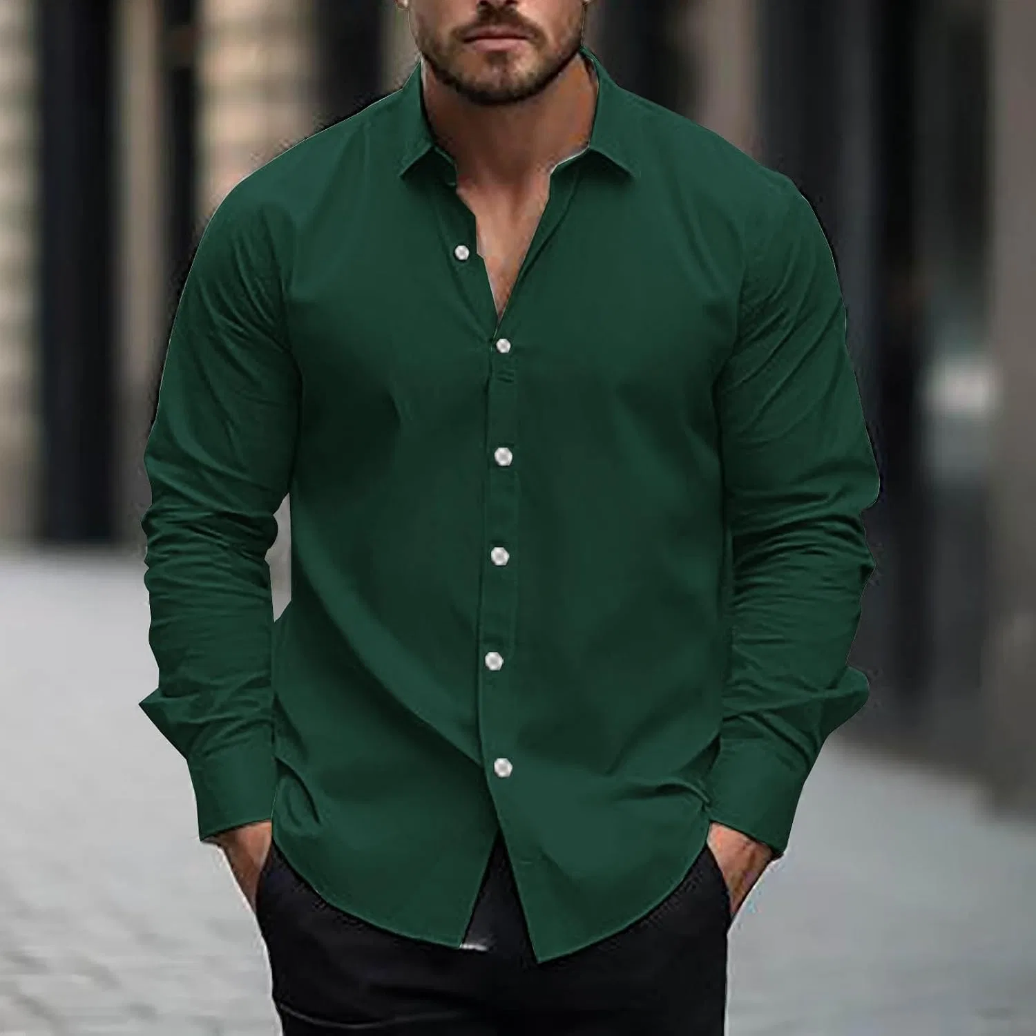 Мужская облегающая рубашка с длинным рукавом Stretch Performance, Army Green — фото 2