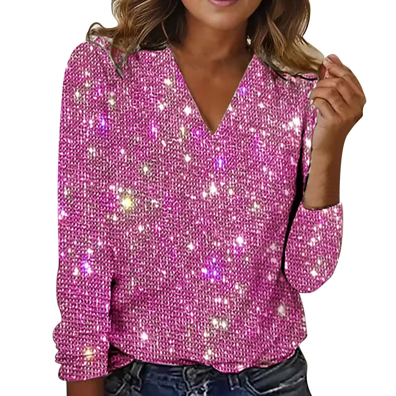 Женский джемпер с пайетками, V-образным вырезом и длинным рукавом, Hot Pink