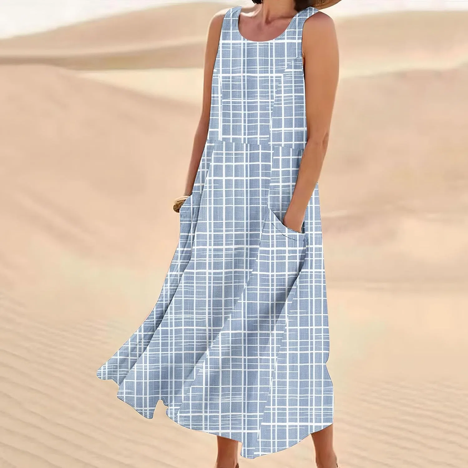 Женское летнее макси-платье с принтом Boho Cotton Linen, Blue — фото 2